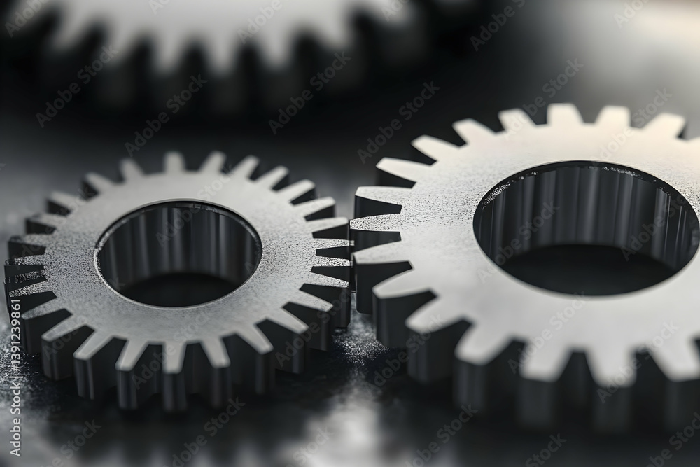 Poster close-up view of interlocking metal gears showcasing precision engineering and mechanical design for