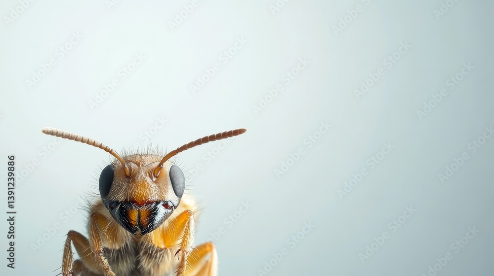 Poster close-up of a honeybee on a light background with detailed features