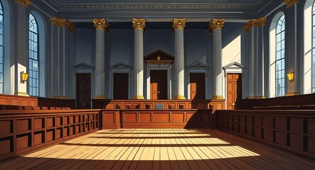 A courtroom wooden floor with shadows cast by the grand architecture anime cartoon style illustration artwork design background