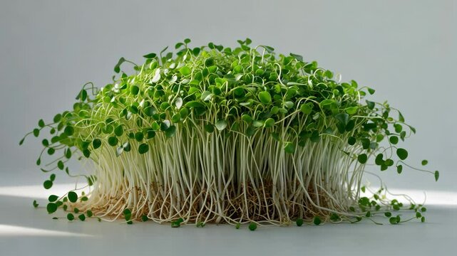 Stack of alfalfa sprouts on a white backdrop