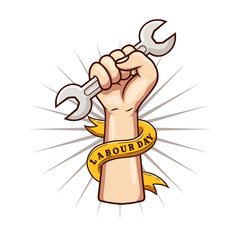 vector illustration of hand holding wrench and labor day greeting
