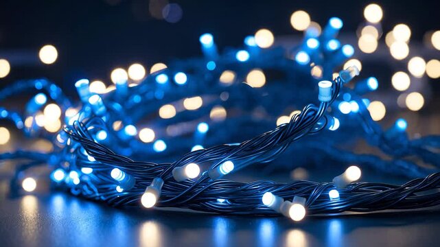 Blue Christmas lights displayed on a dark background with an effect.