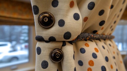 Close-up of polka dot curtain tied with rope and button fasteners.