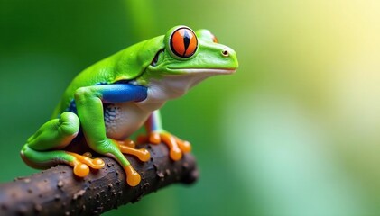 Obraz premium Green tree frog perched on white, vibrant colors, biology, leaf