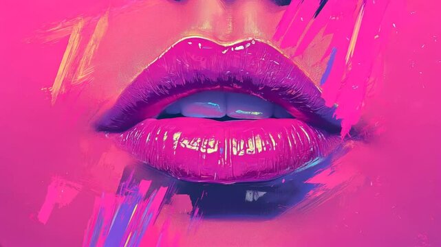Un primer plano de una boca que habla suavemente,  unos labios que brillan ligeramente mientras hablan, colores rosa vibrantes.