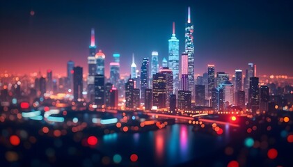 Night Cityscape with Bright Lights and River View Technological Feel