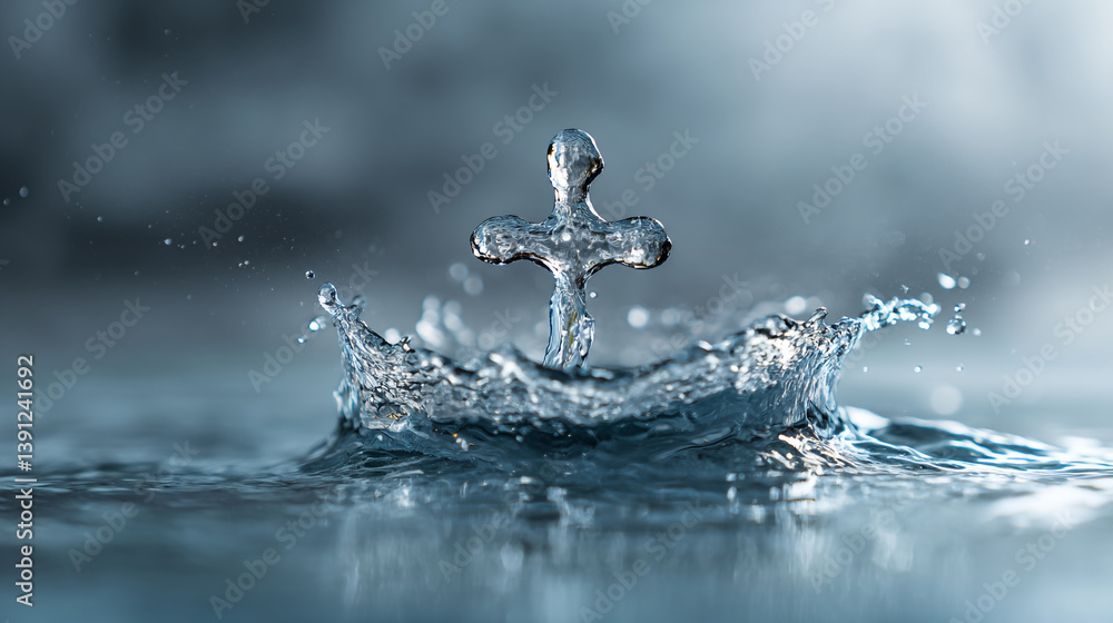 Poster a water droplet forming a cross shape as it splashes into a pool of water in a soft light