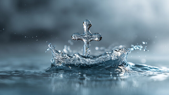 A water droplet forming a cross shape as it splashes into a pool of water in a soft light