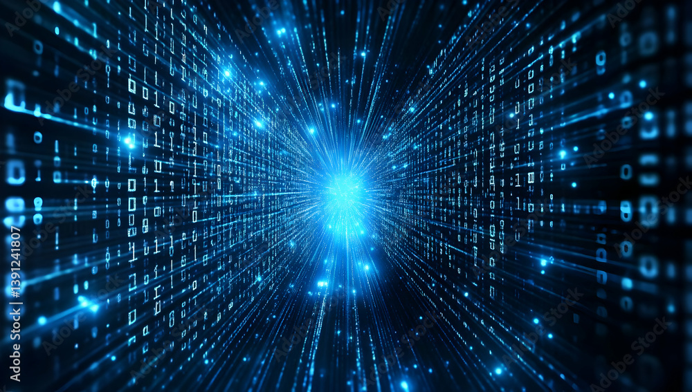 Poster a stunning visual representation of data streams and binary code converging towards a bright center,
