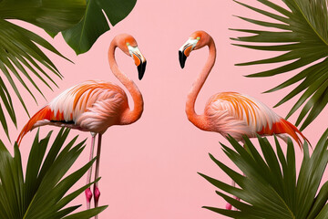 Two Flamingos and Palm Trees Pink Background