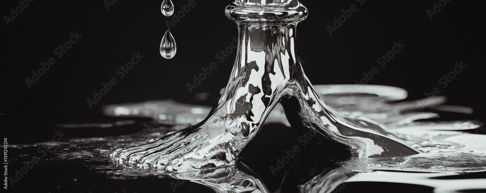 Poster close-up of dripping water from a faucet creating ripples on a dark surface.