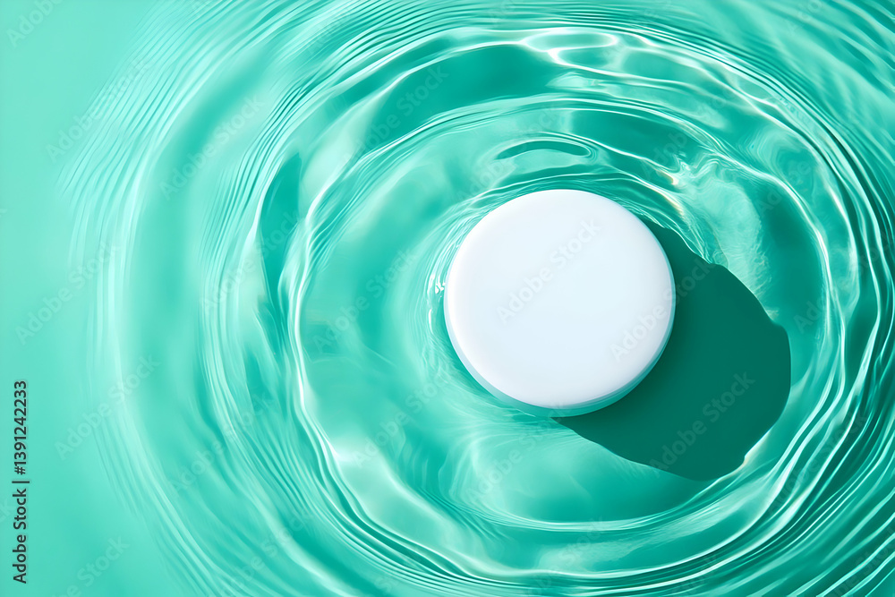 Poster a close-up view of a circular object floating on turquoise water, creating beautiful ripples and pat