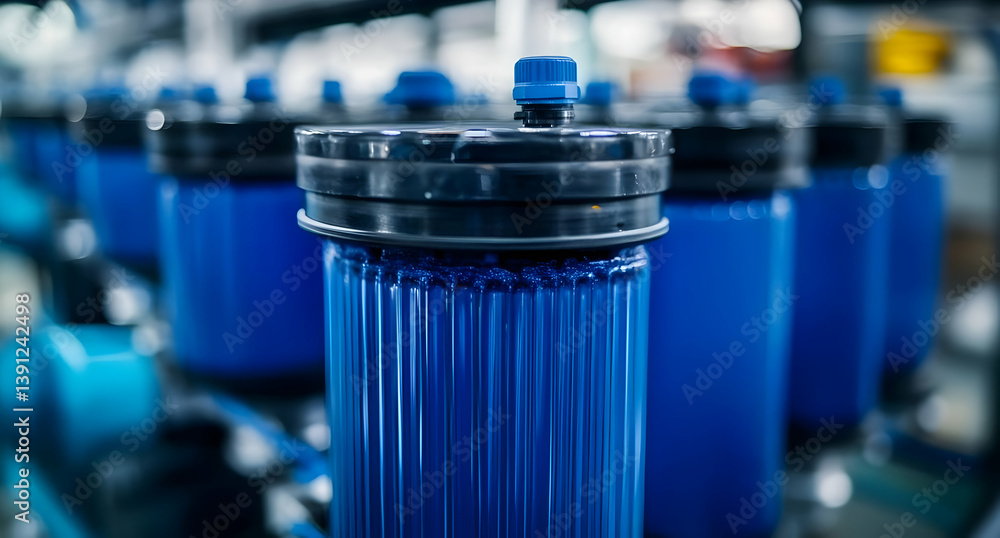 Poster close-up of blue industrial filters in a factory setting, showcasing intricate design and engineerin