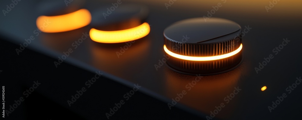 Poster close-up of illuminated control knobs, showcasing modern design and functionality.