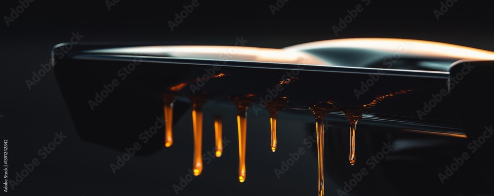 Poster close-up of liquid caramel dripping from a glossy surface, creating a beautiful texture.
