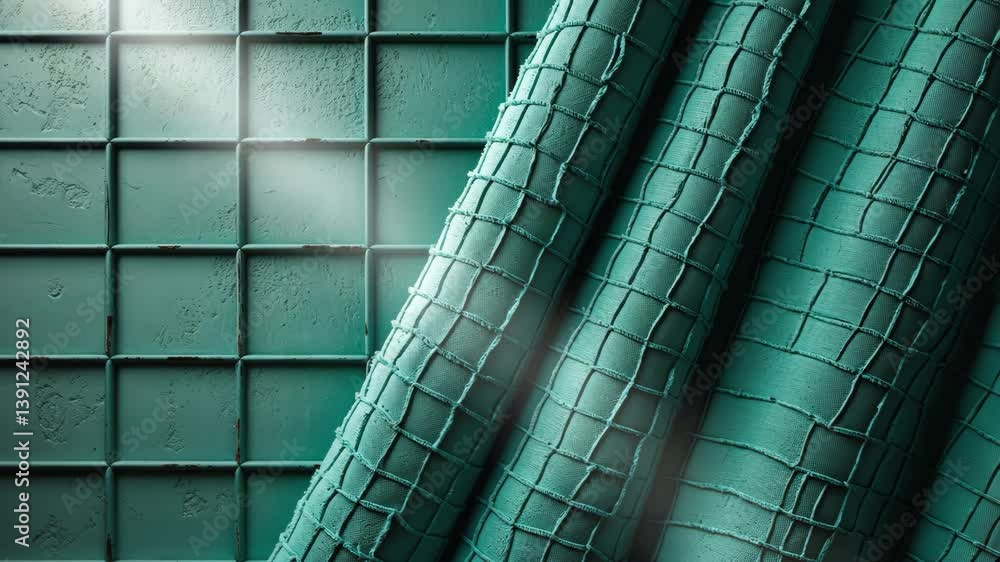 Poster this video showcases a textured green wall with a grid pattern, showing subtle signs of weathering, 