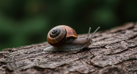 Snail Crawling on Textured Tree Bark with Forest Background