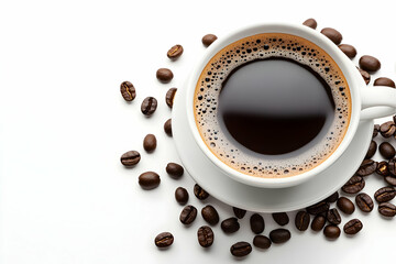 Obraz premium A steaming cup of black coffee surrounded by roasted coffee beans on a clean white background, ideal for coffee lovers.