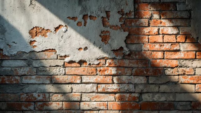 Urban rustic brick accent wall with peeling smeared paint and a gritty textured finish, whitewashed aged industrial bricks against a concrete backdrop.