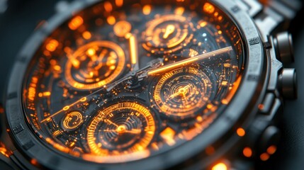 Close-up of a futuristic watch with glowing inner mechanisms