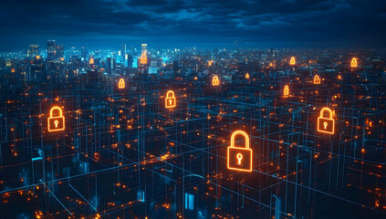 A futuristic city skyline illuminated by orange padlocks, symbolizing digital security and data protection in a connected world.