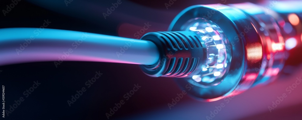 Poster close-up view of a high-tech connector with glowing lights and wires.