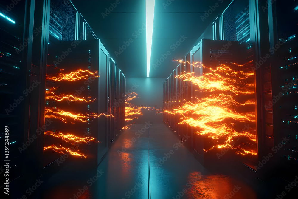 Poster a futuristic data center showcasing vibrant energy flowing between computer servers, representing ad
