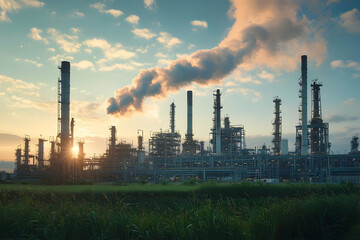 Obraz premium An industrial scene showcasing a refinery with smokestacks and lush grass in the foreground under a scenic sky at sunset.