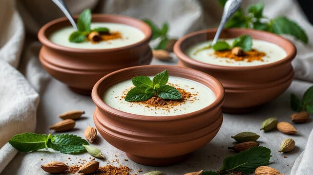 Classic Indian almond lassi yogurt infused with cardamom, mint, and saffron served in terracotta cups.