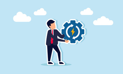A businessman holding a gear labeled with a lightning bolt and a recycle sign, illustration of maintenance system for electricity generator
