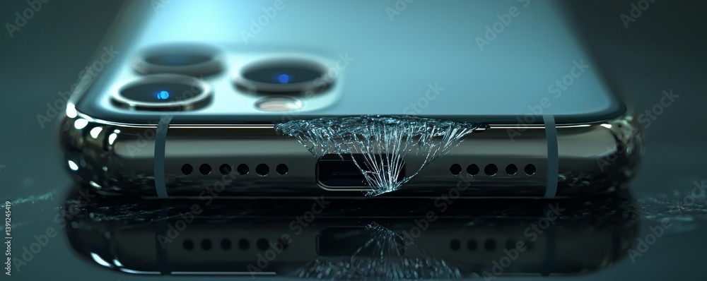 Poster close-up view of a smartphone with a damaged screen highlighting advanced design.