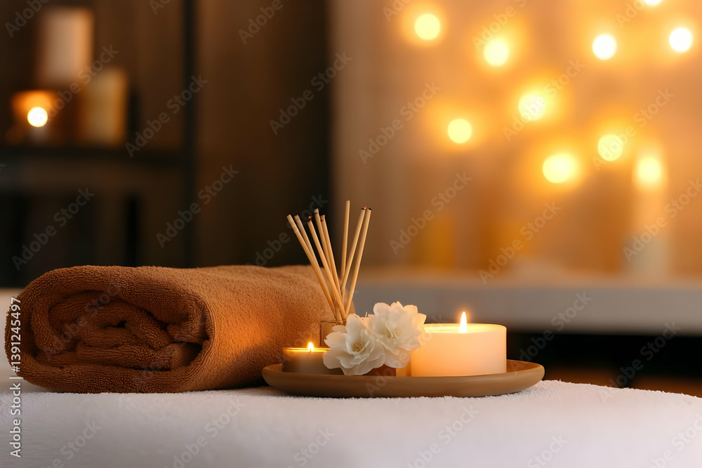 Poster relaxing spa setup with a rolled towel, scented candles, and aromatic diffusers for a tranquil atmos
