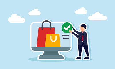A businessman holding a check mark sign standing beside a monitor displaying a shopping bag, illustration of a verified marketplace