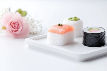 Assorted sushi pieces on a white plate