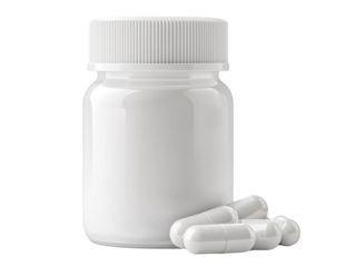 Medicine bottle with cutout background white capsules studio setting clean design for health concepts