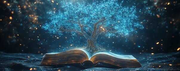 Glowing tree with digital branches, leaves representing skills, an open book beneath, symbolizing learning and personal growth, futuristic concept, hightech design, 8K render