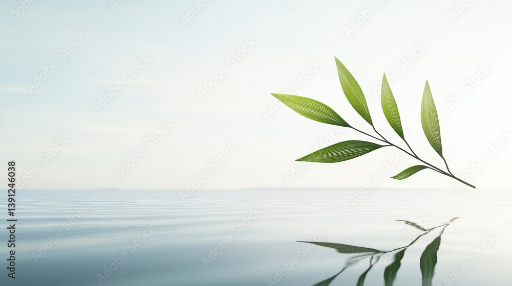 Poster serene green leaf floating on calm water surface with reflection