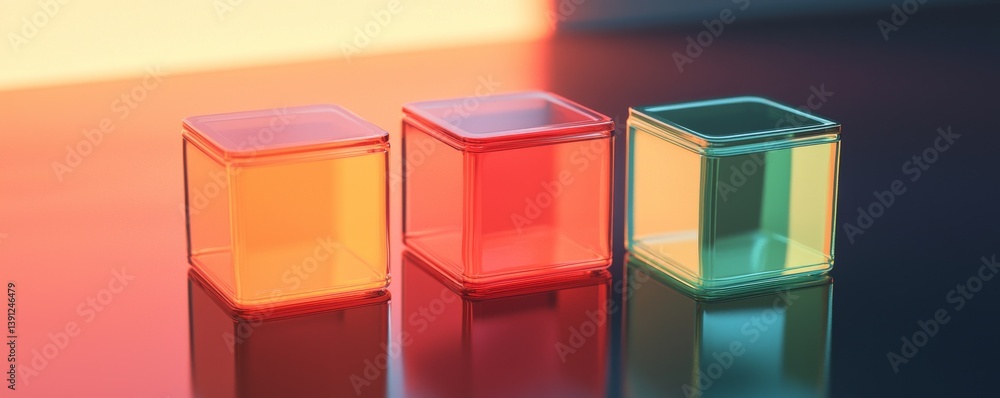 Poster colorful transparent cubes reflecting light on a surface, creating vibrant visual effects.
