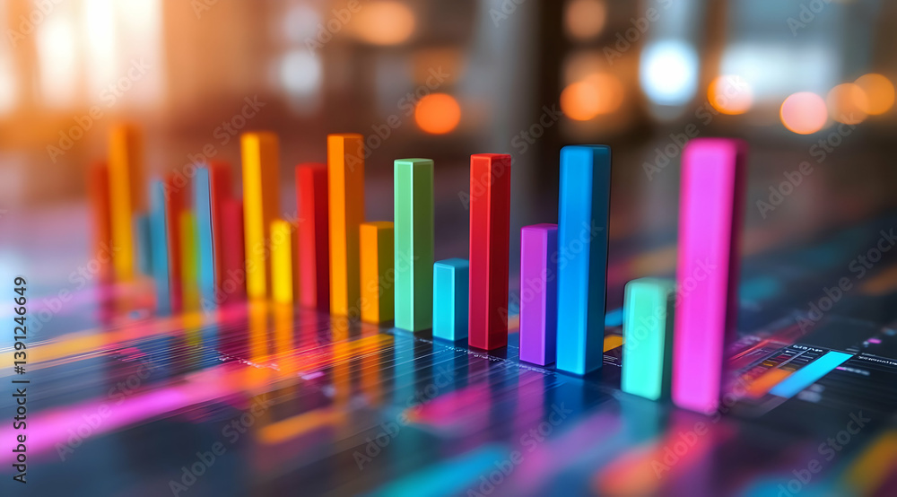 Poster a vibrant bar chart showcasing data trends with colorful bars, representing growth and analytics in 