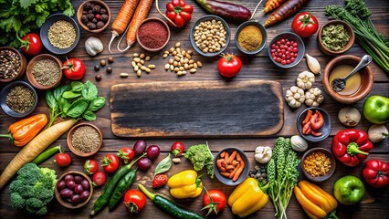 Vibrant Vegetable Variety on a Wooden Table: An array of colorful, fresh vegetables and herbs artistically arranged on a rustic wooden table, offering a healthy and appetizing visual.