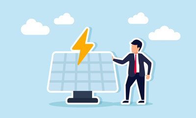 A businessman standing next to a solar panel and an electricity sign, illustration of business in solar panel and alternative power generation industry