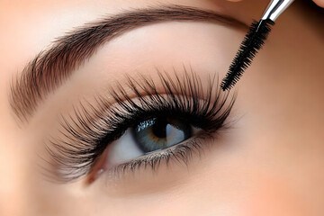 Naklejka premium Close-up of beautiful woman's eye with long eyelashes applying mascara for a stunning makeup look.