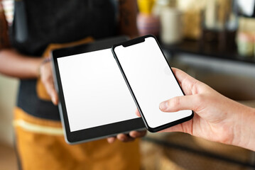 Png phone and tablet screen mockup for cashless payment