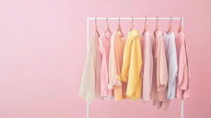 Clothes of various colors hanging on a simple clothing rack