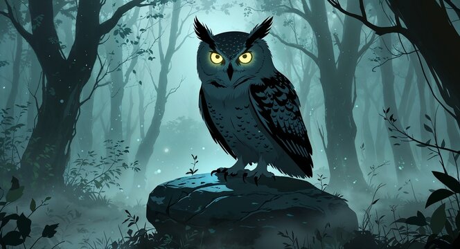 A shadowy figure of a mysterious owl with glowing eyes perched on an ancient stone in a foggy forest anime cartoon style illustration artwork design background