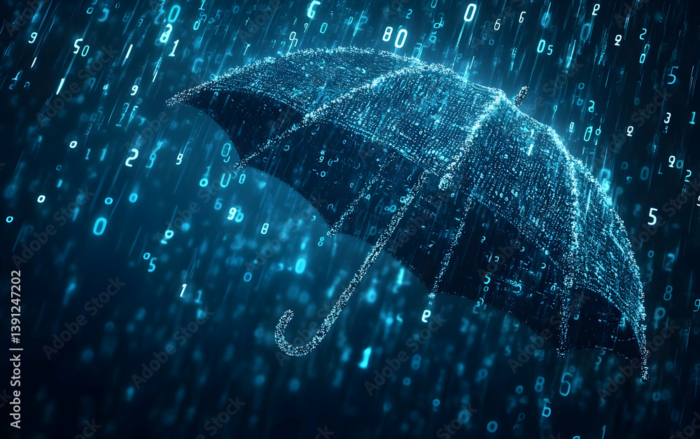 Poster a digital illustration of an umbrella shielding against a rain of binary code, representing data pro