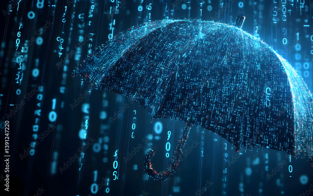 Poster a digital umbrella amidst a rain of binary code, symbolizing protection against data loss in the tec