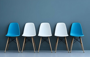 Stylish row of modern chairs against a minimalist wall, showcasing contemporary design and aesthetic appeal.