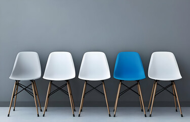 A minimalist setup featuring five stylish chairs against a gray wall, perfect for interior design and home decor inspiration.