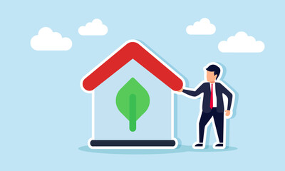 A businessman stands next to a house marked with a leaf, illustration of a business in the eco green sector